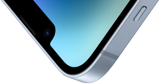 The top-left corner of an iPhone 14 with a Ceramic Shield front.
