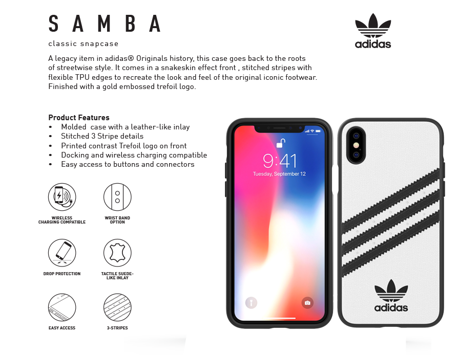 A legacy item in adidas&reg; Originals history, this case goes back to the roots of streetwise style. It comes in a snakeskin effect front, stitched stripes with flexible TPU edges to recreate the look and feel of the original iconic footwear. Finished with a gold embossed trefoil logo.