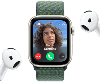 Incoming call on an Apple Watch SE, next to a pair of AirPods