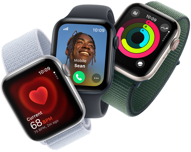Heart rate monitoring, incoming call, and activity rings on three Apple Watch devices