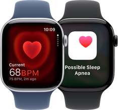 The Heart Rate app showing a current reading of 68 BPM and the sleep apnea notification screen on two separate Apple Watch Series 10 devices