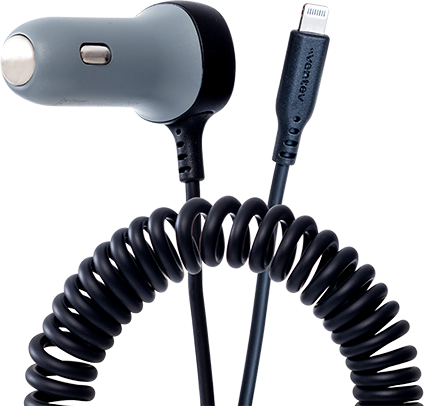Ventev 12W USB A Car Charger with attached 15W Apple Lightning Cord