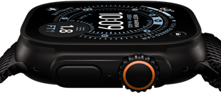 Apple Watch Ultra 3, side exterior, black titanium case,  compass on Orienteering watch face, side button and digital crown