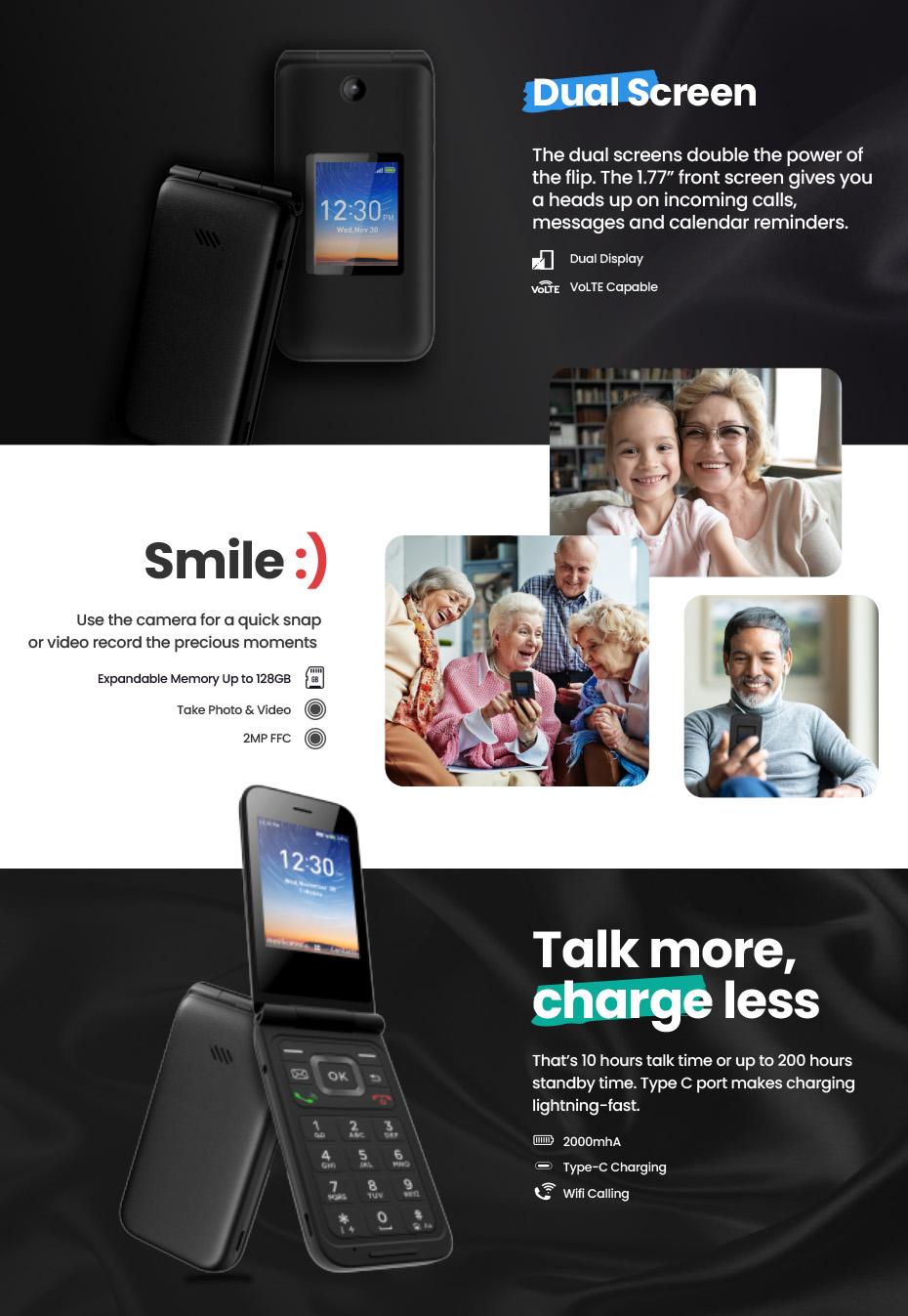 Dual Screen, Smile, Talk more, charge less
