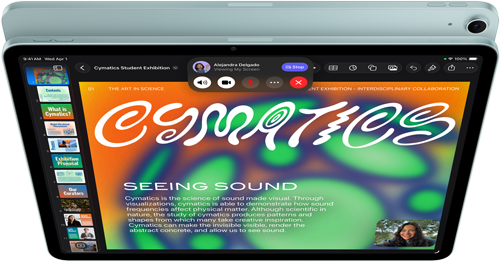 iPad Air, Blue color, top exterior, screen showing Keynote app on screen sharing feature during FaceTime video call, back exterior, 12MP Wide back camera, volume-up button, volume-down button