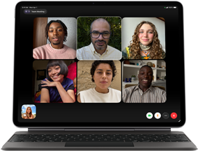 iPad Air, attached to Magic Keyboard, Black color, Group FaceTime call on screen