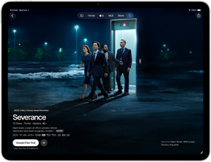 iPad Air, front exterior, screen displays Severance on Apple TV app