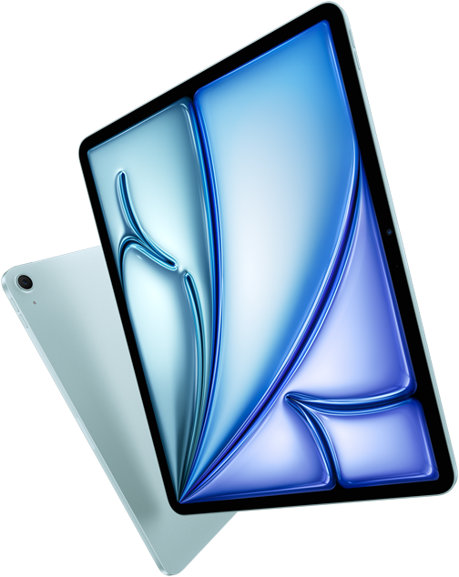 Front angle of 13-inch iPad Air, colorful display on screen, 11-inch iPad Air with back exterior and 12MP Wide back camera