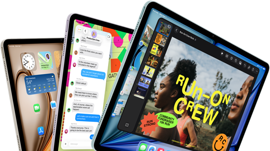 Three iPad Air displays in fan-like arrangement, colors: Blue, Purple, Starlight, front exterior, side exterior, apps on screen display include Keynote app, Messages, and Home Screen