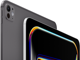 iPad Pro, back side exterior, space black color, volume buttons and pro camera system, iPad Pro, front side exterior, silver color, rounded corners, black display bezel, display showing black background with multicolored abstract line art