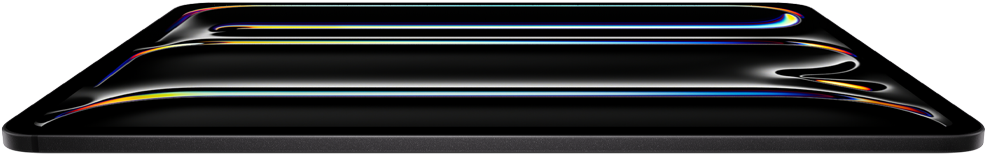 iPad Pro, front exterior, space black color, aluminum and glass enclosure, thin profile, tilted back with display showing multicolored line art