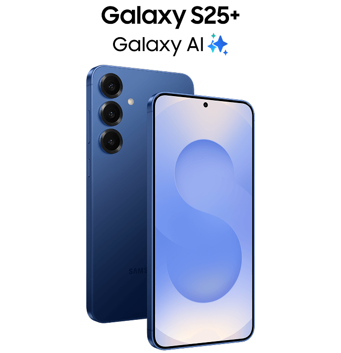 Two Galaxy S25+ in blue color, slightly angled. One facing forward and one backwards.