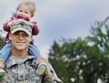 Military father with son on shoulders