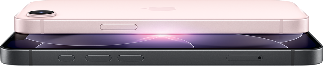Two Apple iPhone 17e devices, one in black and the other in soft pink.