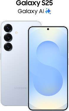 Two Galaxy S25 phones in Icyblue, one facing forward and one facing backward.