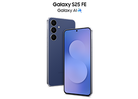 Two Galaxy S25 FE in blue color, slightly angled. One facing forward and one backwards.