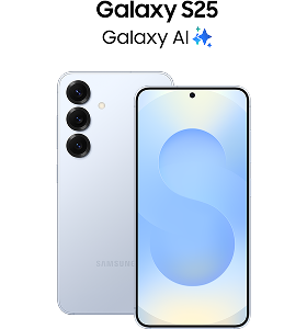 Two Galaxy S25 phones in Icyblue, one facing forward and one facing backward.